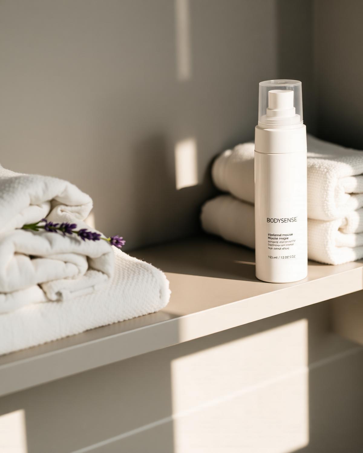 BodySense bottle on a minimalist bathroom shelf